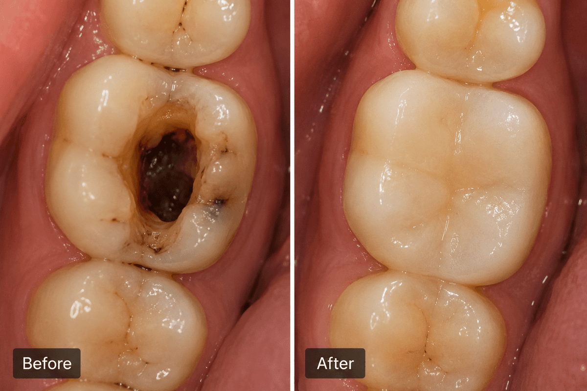 Before and after root canal and dental implant result